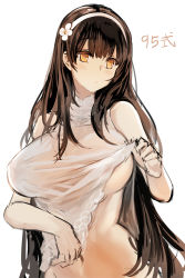 Rule 34 | 1girl, bad id, bad pixiv id, bare arms, bare shoulders, blunt bangs, blush, breasts, brown hair, character name, closed mouth, clothes lift, flower, girls&#039; frontline, hair flower, hair ornament, hairband, highres, large breasts, long hair, looking at viewer, midriff, navel, no bra, no pupils, orange eyes, sketch, sleeveless, solo, stomach, suru (ksoo420), type 95 (girls&#039; frontline), underboob, very long hair, white hairband