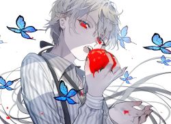 Rule 34 | 1boy, black bow, black nails, blue butterfly, bolo tie, bow, brooch, bug, butterfly, commentary, commentary request, dripping, eyelashes, fangs, food, fruit, grey hair, hair bow, hand up, holding, holding food, holding fruit, insect, jewelry, juice, karo (karohroka), long hair, long sleeves, looking at viewer, male focus, messy hair, nail polish, open mouth, original, pointy ears, ponytail, red eyes, shirt, solo, spot color, stain, striped clothes, striped shirt, suspenders, tomato, tomato juice, upper body, vampire, very long hair, white background