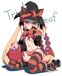 Rule 34 | 1girl, blazblue, blonde hair, blunt bangs, blush, breasts, candy, fang, food, hair ribbon, halloween, highres, infraton, long hair, navel, rachel alucard, red eyes, ribbon, simple background, slit pupils, smile, solo, striped clothes, striped thighhighs, thighhighs, thighs, twintails, vampire, white background, witch