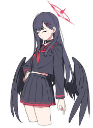 Rule 34 | 1girl, absurdres, black choker, black hair, black sailor collar, black serafuku, black skirt, black wings, blue archive, choker, closed eyes, closed mouth, cropped legs, feathered wings, hair ornament, hairclip, halo, hand on own hip, highres, ichika (blue archive), kashiwa (iersansi), long hair, long sleeves, low wings, neckerchief, pleated skirt, red neckerchief, sailor collar, school uniform, serafuku, simple background, skirt, solo, white background, wings