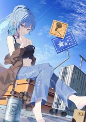 Rule 34 | 1girl, akanbe, barefoot, beer can, black tank top, blue eyes, blue hair, blue pants, blue sky, brown footwear, brown jacket, can, cloud, commentary, contrail, denim, drink can, earrings, electrical outlet, english commentary, eyelid pull, highres, hololive, hoshimachi suisei, jacket, jeans, jewelry, looking at viewer, maria onnette, midriff, off shoulder, pants, road sign, rolling suitcase, sign, sitting, sitting on object, sky, solo, star (symbol), star in eye, suitcase, symbol in eye, tank top, tile floor, tiles, tongue, tongue out, virtual youtuber