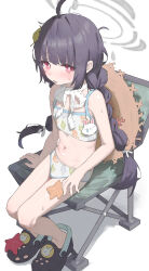 Rule 34 | 1girl, absurdres, bikini, black footwear, black hair, blue archive, blush, braid, brown hat, chair, crocs, flat chest, folding chair, full body, grey halo, halo, hat, hat on back, highres, hwoi (hw 123), leaf, leaf on head, leaf print, long hair, looking at viewer, miyu (blue archive), miyu (swimsuit) (blue archive), navel, official alternate costume, parted lips, pink eyes, print bikini, simple background, sitting, solo, starfish, straw hat, swimsuit, twin braids, white background, white bikini