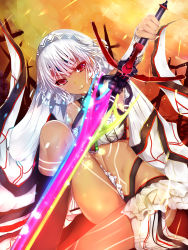 Rule 34 | 10s, 1girl, altera (fate), bare shoulders, breasts, chao wu xing xian, dark-skinned female, dark skin, detached sleeves, fate/extella, fate/extra, fate/grand order, fate (series), highres, long hair, looking at viewer, midriff, navel, photon ray (fate), red eyes, short hair, small breasts, smile, solo, sword, tattoo, veil, weapon, white hair