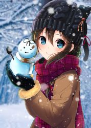 Rule 34 | 10s, 1girl, alternate costume, amagami (makise tsubaki), animal hat, bad id, bad pixiv id, black gloves, blue eyes, blurry, blurry background, braid, brown hair, character doll, coat, from side, fur trim, gloves, hair between eyes, hair ribbon, hat, highres, holding, kantai collection, long hair, long sleeves, looking at viewer, md5 mismatch, mittens, outdoors, plaid, plaid scarf, resolution mismatch, ribbon, scarf, shigure (kancolle), single braid, smile, snow, snowing, snowman, solo, upper body, winter, winter clothes, yuudachi (kancolle)