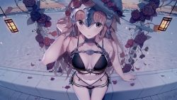 Rule 34 | 1girl, absurdres, arm support, atha (leejuiping), bare arms, bare shoulders, bikini, black bikini, blush, breasts, chain, cloud, collarbone, commentary request, fate/apocrypha, fate/grand order, fate (series), flower, gluteal fold, hair flower, hair ornament, hat, hat flower, headpiece, highres, jeanne d&#039;arc (fate), jeanne d&#039;arc (ruler) (fate), lantern, large breasts, long hair, looking at viewer, o-ring, o-ring bikini, o-ring bottom, o-ring top, outdoors, parted lips, petals, purple eyes, red flower, red rose, rose, rose petals, sitting, sky, smile, solo, straw hat, sunset, swimsuit, very long hair, white hat