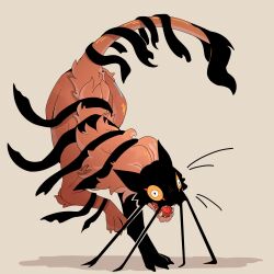 Rule 34 | animal focus, colored sclera, constricted pupils, dream tiger (govy9807), from side, full body, handstand, highres, looking at viewer, monster, no humans, open mouth, original, sharp teeth, simple background, solo, teeth, thefrenchnugget, tiger, white eyes, yellow background, yellow sclera