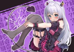 1girl :o absurdres bare_shoulders black_dress blue_eyes blush demon_horns demon_tail demon_wings dress fishnet_thighhighs fishnets highres horn_ornament horns idolmaster idolmaster_million_live! karamomosu knees_up layered_skirt long_hair looking_at_viewer low_wings mochizuki_anna puffy_short_sleeves puffy_sleeves short_sleeves skirt solo tail thigh_strap thighhighs white_hair wings wrist_cuffs