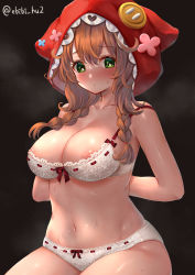 Rule 34 | 1girl, absurdres, arms behind back, bare arms, bare shoulders, blush, bow, bow bra, bow panties, bra, braid, breasts, brown background, brown hair, button eyes, buttons, cleavage, closed mouth, collarbone, ebihurai, green eyes, highres, hood, large breasts, long hair, looking at viewer, navel, nijisanji, nipple slip, nipples, panties, red bow, ribbon-trimmed bra, ribbon-trimmed panties, simple background, sitting, solo, steaming body, stomach, sweat, twin braids, twitter username, underwear, underwear only, virtual youtuber, warabeda meijii, white bra, white panties