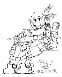 Rule 34 | 1girl, dated, greyscale, hair ornament, hairclip, ikazuchi (kancolle), kantai collection, loafers, long sleeves, looking at viewer, monochrome, necktie, one-hour drawing challenge, rigging, sailor collar, shoes, short hair, signature, sitting, solo, task (s task80), torpedo tubes, turret, twitter username