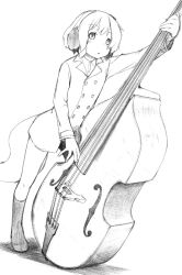 Rule 34 | 1girl, animal ears, buttons, flat chest, full body, greyscale, instrument, long sleeves, majima yuki, monochrome, music, original, playing instrument, short hair, simple background, solo, standing, white background