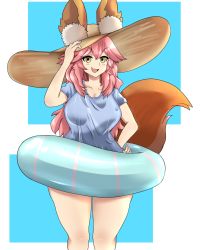 Rule 34 | 1girl, animal ear fluff, animal ears, artist request, breasts, cleavage, collarbone, ears through headwear, fang, fate/grand order, fate (series), fox ears, fox girl, fox tail, hat, highres, innertube, large breasts, looking at viewer, open mouth, pink hair, skin fang, solo, straw hat, swim ring, tail, tamamo (fate), tamamo no mae (fate/extra), tamamo no mae (swimsuit lancer) (fate), tamamo no mae (swimsuit lancer) (first ascension) (fate), yellow eyes