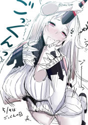 Rule 34 | 10s, 1girl, abyssal ship, blush, bodysuit, boots, breasts, cheek hold, claws, colored skin, covered erect nipples, dated, dress, drooling, from above, hand on another&#039;s cheek, hand on another&#039;s face, horn grab, horns, kantai collection, large breasts, long hair, long sleeves, looking away, pink eyes, rib:y(uhki), ribbed dress, saliva, seaport princess, short dress, simple background, single horn, solo, sweat, text focus, twitter username, uncommon stimulation, wavy mouth, white background, white footwear, white hair, white skin