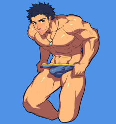 Rule 34 | 1boy, abs, bara, bare pectorals, blue background, blue hair, blush, briefs, bulge, cropped legs, dark blue hair, erection, erection under clothes, jewelry, large pectorals, leaning forward, lvlv, male focus, male underwear, muscular, navel, navel hair, necklace, nipples, original, pectorals, short hair, sideburns, solo, sweatdrop, thick thighs, thighs, underwear, undressing
