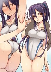 Rule 34 | 1girl, 2015, arm up, armpits, ass, blush, braid, breasts, competition swimsuit, dated, gin (ginshari), green eyes, highleg, highleg swimsuit, long hair, multiple views, one-piece swimsuit, original, ponytail, presenting armpit, purple hair, sidelocks, spread armpit, sweat, swimsuit, thighs, trefoil