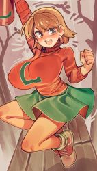Rule 34 | 1girl, adapted costume, arm up, ashley graham, blonde hair, blush, breasts, brown hair, cheerleader, clenched hand, covered erect nipples, earrings, green skirt, highres, huge breasts, jewelry, jumping, long sleeves, medium hair, megaphone, miniskirt, open mouth, orange sweater, resident evil, resident evil 4, shoes, shouting, skirt, smile, sneakers, socks, solo, sweater, swept bangs, turtleneck, turtleneck sweater, wamudraws