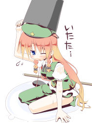 Rule 34 | 1girl, absurdres, bad id, bad pixiv id, blue eyes, blush, braid, bucket, female focus, hat, highres, hong meiling, hujikok, long hair, open mouth, puffy sleeves, red hair, short sleeves, solo, star (symbol), touhou, translation request, twin braids, very long hair, water, white background, wink