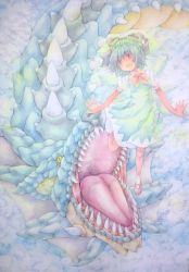 Rule 34 | 1girl, absurdres, acrylic paint (medium), blue hair, bow, cirno, dragon, dress, graphite (medium), grey eyes, hair bow, highres, ice, ice wings, looking back, open mouth, painting (medium), teeth, tongue, touhou, traditional media, watercolor (medium), wings, yellow eyes, yuyu (00365676)