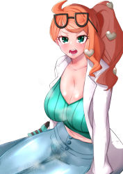 Rule 34 | 1girl, absurdres, blush, breasts, cleavage, collarbone, creatures (company), game freak, glasses on head, green eyes, hair ornament, heart, highres, lab coat, large breasts, looking at viewer, midriff, namonakisyura, navel, nintendo, open mouth, orange hair, pants, pokemon, pokemon swsh, side ponytail, simple background, single sidelock, sitting, solo, sonia (pokemon), teeth, tongue, white background
