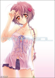 Rule 34 | 1girl, adjusting hair, bra, braid, breasts, brown hair, carnelian, cleavage, fujita nodoka, hair ornament, heart, heart hair ornament, orange eyes, para-sol, see-through, shorts, solo, underwear, wet, wet clothes