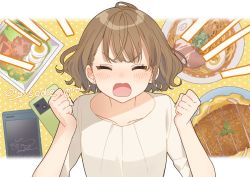Rule 34 | 1girl, blush, booota, brown hair, cellphone, clenched hands, collarbone, commentary request, earrings, episode number, closed eyes, food, hige wo soru. soshite joshikousei wo hirou., jewelry, kamaboko, mishima yuzuha, narutomaki, noodles, open mouth, phone, polka dot, polka dot background, ramen, short hair, signature, smartphone, solo, upper body, v-shaped eyebrows, wavy hair, wavy mouth
