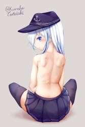 Rule 34 | 1girl, absurdres, anchor symbol, back, black hat, black skirt, blue eyes, blush, closed mouth, commentary request, flat cap, full body, grey background, hair between eyes, hat, hibiki (kancolle), highres, kantai collection, long hair, looking at viewer, looking back, pleated skirt, profile, purple thighhighs, silver hair, simple background, sitting, skindentation, skirt, smile, solo, tateishi kureha, thighhighs, topless, twitter username