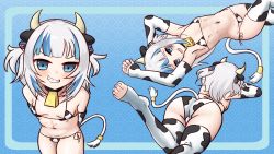 Rule 34 | 1girl, animal ears, animal print, arkeden razeare, arm warmers, arms behind back, bell, bikini, blue hair, breasts, collar, commission, cow ears, cow horns, cow print, cow tail, cowbell, gawr gura, gills, grin, hair ornament, highres, hololive, hololive english, horns, multicolored hair, navel, shark hair ornament, sharp teeth, side-tie bikini bottom, silver hair, small breasts, smile, solo, streaked hair, swimsuit, tail, teeth, thighhighs, two-tone hair, two side up, virtual youtuber