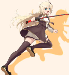 Rule 34 | 1girl, black necktie, blonde hair, breasts, collared dress, dress, duel monster, full body, green eyes, highres, holding, holding sword, holding weapon, kyrion, long hair, long sleeves, necktie, sky striker ace - raye, small breasts, solo, sword, thighhighs, two-tone dress, weapon, yu-gi-oh!