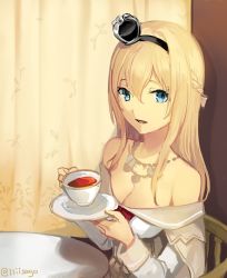 Rule 34 | 10s, 1girl, blonde hair, blue eyes, braid, chair, crown, cup, dress, flower, french braid, jewelry, kantai collection, long hair, long sleeves, looking at viewer, mini crown, necklace, off-shoulder dress, off shoulder, red ribbon, red rose, ribbon, rose, saucer, sha (isago), sitting, solo, table, teacup, upper body, warspite (kancolle), white dress
