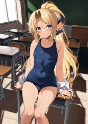 Rule 34 | 1girl, absurdres, arms at sides, bare shoulders, black ribbon, blonde hair, blue eyes, blush, breasts, chalkboard, classroom, collarbone, covered navel, desk, elf, enjo kouhai, hair ribbon, highres, indoors, iris (takunomi), long hair, looking at viewer, parted bangs, pointy ears, ponytail, ribbon, school desk, school swimsuit, shiny clothes, shirt, sitting, small breasts, smile, solo, swimsuit, takunomi, tile floor, tiles, white ribbon, white shirt, window