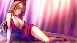 Rule 34 | 1girl, absurdres, ahoge, akeyama kitsune, antenna hair, arm support, bare arms, bare legs, blush, borrowed character, breasts, cleavage, collarbone, commentary request, commission, curtains, dress, hand on own hip, high heels, highres, large breasts, legs, long hair, looking at viewer, lying, multicolored hair, nail polish, on side, orange hair, original, parted lips, pixiv commission, plunging neckline, red dress, red footwear, red hair, red nails, shiny skin, smile, solo, streaked hair, thighs, yellow eyes