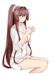 Rule 34 | 1girl, brown hair, cherry blossoms, commentary request, cropped legs, cup, feet out of frame, flower, hair flower, hair ornament, hair scrunchie, invisible chair, kantai collection, long hair, mug, pajamas, parted lips, ponytail, red eyes, scrunchie, shorts, simple background, sitting, solo, takase asagiri, white background, white scrunchie, white shorts, yamato (kancolle)
