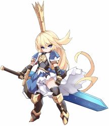 Rule 34 | 1girl, armor, blonde hair, blue eyes, charlotta (granblue fantasy), closed mouth, commentary request, crown, full body, gauntlets, granblue fantasy, hair between eyes, highres, holding, holding sword, holding weapon, karukan (monjya), long hair, looking at viewer, simple background, solo, standing, sword, thighs, very long hair, weapon, white background