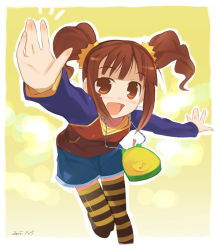 Rule 34 | 00s, 1girl, bag, brown eyes, brown hair, denim, denim skirt, foreshortening, idolmaster, idolmaster (classic), idolmaster 1, noripachi, open mouth, outstretched arms, raglan sleeves, short twintails, skirt, solo, spread arms, striped clothes, striped thighhighs, takatsuki yayoi, thighhighs, twintails