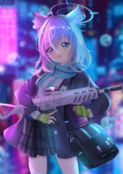 Rule 34 | 1girl, :d, absurdres, airs (user fxnj3447), animal ears, assault rifle, bag, bag charm, black jacket, blue archive, blue eyes, blurry, cat ears, charm (object), commentary request, depth of field, eyes visible through hair, fingerless gloves, gloves, gun, hair between eyes, hair ornament, hairclip, halo, head tilt, highres, jacket, long sleeves, looking at viewer, open mouth, plaid, plaid skirt, pleated skirt, rifle, scarf, school bag, school uniform, shiroko (blue archive), short hair, sidelocks, sig sauer 556, silver hair, skirt, smile, solo, suppressor, thighhighs, trigger discipline, weapon, white thighhighs, zettai ryouiki