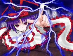 Rule 34 | 1girl, capelet, dress, electricity, female focus, from above, highres, long sleeves, looking at viewer, nagae iku, niwatori gunsou, pointing, pointing up, purple hair, red eyes, solo, touhou, white dress