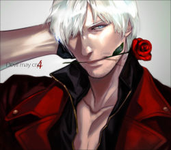 Rule 34 | 1boy, blue eyes, capcom, dante (devil may cry), devil may cry, devil may cry (series), devil may cry 4, flower, gge (gebback dark), male focus, mouth hold, realistic, red flower, red rose, rose, solo, white hair