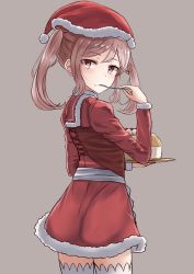 Rule 34 | 10s, 1girl, alternate costume, cake, eating, food, food on face, fork, fur-trimmed sleeves, fur trim, grey background, hair bobbles, hair ornament, hat, highres, holding, holding fork, kantai collection, long sleeves, pink eyes, pink hair, santa costume, santa hat, sazanami (kancolle), short hair, simple background, solo, twintails, utensil in mouth, white legwear, yakob labo