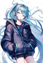 Rule 34 | 1girl, absurdres, aqua eyes, hatsune miku, highres, jacket, long hair, looking at viewer, multicolored hair, pipi, simple background, smile, solo, streaked hair, vocaloid