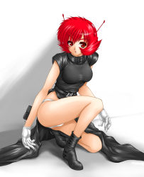 Rule 34 | 1girl, akanako, android, ass, boots, breasts, cleavage, ghost sweeper mikami, gloves, legs, maria (ghost sweeper mikami), marui ryuu, panties, pantyshot, red eyes, red hair, short hair, solo, underwear, white gloves, white panties