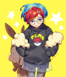 Rule 34 | 1girl, backpack, bag, black hoodie, blue hair, blush, brown bag, closed mouth, commentary, cowboy shot, creatures (company), eevee, game freak, gen 1 pokemon, glasses, hands in pockets, highres, hood, hoodie, inioli, multicolored hair, nintendo, pantyhose, pantyhose under shorts, penny (pokemon), poke ball print, pokemon, pokemon sv, print pantyhose, red hair, round eyewear, see-through, see-through skirt, shorts, shorts under skirt, skirt, star (symbol), themed object, two-tone hair, yellow background