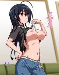 Rule 34 | !, !!, 10s, 1girl, ahoge, bare shoulders, belt, between breasts, black hair, blush, breasts, choker, chuunibyou demo koi ga shitai!, clothes lift, covered erect nipples, female focus, groin, hand on own hip, hard-translated, highres, holding, long hair, marugoshi teppei, navel, nipples, no bra, red eyes, shirt lift, solo, standing, takanashi touka, text focus, third-party edit, translated