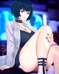 Rule 34 | 1girl, absurdres, blue hair, blue skirt, blurry, breasts, collar, depth of field, highres, jacket, jewelry, large breasts, light smile, looking at viewer, nail polish, necklace, persona, persona 5, red eyes, red nails, skirt, spiked collar, spikes, takemi tae, thighs, truejekart, white jacket