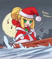 Rule 34 | 10s, 1girl, :d, annotated, beamed eighth notes, blonde hair, blush, boat, bow, canoe, capelet, ceroblitz, chibi, christmas, commentary, dress, eighth note, english commentary, english text, fate/extra, fate (series), green eyes, hair bun, hat, highres, long hair, long sleeves, looking at viewer, meme, moon, music, musical note, nero claudius (fate), nero claudius (fate) (all), nero claudius (fate/extra), night, open mouth, outdoors, padoru (meme), pun, red bow, romaji text, santa costume, santa hat, singing, single hair bun, sky, smile, solo, water, watercraft
