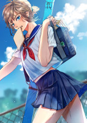 1boy, alternate costume, bag, bag charm, bangs, blue eyes, blue sailor collar, blue skirt, blue sky, blurry, blurry background, bread, brown hair, charm (object), collarbone, collared shirt, commentary request, cowboy shot, crossdressing, dutch angle, earrings, food, food in mouth, hand up, highres, holding, holding bag, jewelry, link, male focus, midriff peek, miniskirt, mouth hold, neckerchief, nintendo, pleated skirt, ponytail, red neckwear, sailor collar, school briefcase, school uniform, serafuku, shadow, shirt, short hair, short sleeves, sidelocks, skirt, sky, solo, the legend of zelda, thick eyebrows, thighs, toast, toast in mouth, trap, white shirt, whitetown