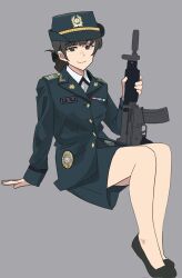 Rule 34 | 1girl, arm support, black eyes, black footwear, black hair, black headwear, black jacket, black skirt, closed mouth, collared shirt, dress shirt, grey background, gun, highres, holding, holding gun, holding weapon, jacket, long sleeves, looking at viewer, original, shirt, shoes, simple background, sitting, skirt, sleeves past wrists, smile, solo, wani (perfect han), weapon, weapon request, white shirt