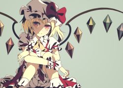 Rule 34 | 1girl, bad id, bad pixiv id, blonde hair, bloomers, bow, closed mouth, dise (psychoro), feet out of frame, fingernails, flandre scarlet, hair bow, hat, hat bow, hat ribbon, highres, knees up, legs, looking at viewer, medium hair, nail polish, puffy sleeves, red eyes, red nails, red ribbon, red skirt, red vest, ribbon, simple background, sitting, skirt, smile, socks, solo, touhou, underwear, vest, white bloomers, white hat, white socks, wings, wrist cuffs, yellow bow