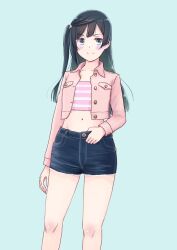Rule 34 | 1girl, aqua background, black hair, blue shorts, blush, closed mouth, collarbone, commentary request, crop top, cropped jacket, grey eyes, highres, jacket, long hair, long sleeves, looking at viewer, love live!, love live! nijigasaki high school idol club, midriff, navel, one side up, pink jacket, pink shirt, shirt, shorts, sidelocks, smile, solo, standing, striped clothes, striped shirt, takahashi mugi, upper body, v-shaped eyebrows, yuki setsuna (love live!)