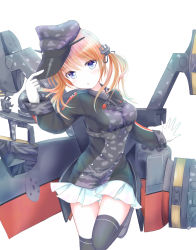 Rule 34 | 10s, 1girl, anchor hair ornament, bad id, bad pixiv id, black thighhighs, blonde hair, blue eyes, camouflage, cowboy shot, gloves, hair ornament, hat, hat tip, highres, kantai collection, leg up, long sleeves, looking at viewer, machinery, microskirt, military, military hat, military uniform, peaked cap, pleated skirt, prinz eugen (kancolle), shino (shinderera), simple background, skirt, solo, thighhighs, twintails, uniform, white background, white gloves, white skirt