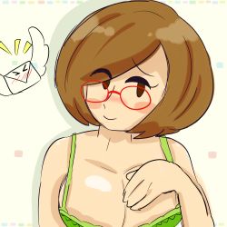 Rule 34 | &gt; &lt;, 1girl, absurdres, beige background, blush, blush stickers, bra, breasts, brown hair, cleavage, dizzytizzy, envelope, female focus, glasses, green bra, hand on own chest, hand up, highres, large breasts, mob face, nikki (swapnote), nintendo, red-framed eyewear, shiny skin, short hair, simple background, smile, solid eyes, solid oval eyes, solo, swapnote, underwear, underwear only, upper body, wings