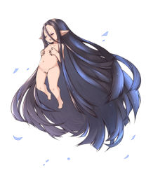 Rule 34 | 1girl, absurdly long hair, character request, cleft of venus, collarbone, closed eyes, facial mark, forehead mark, full body, granblue fantasy, hair between eyes, hands on own chest, harvin, long hair, navel, nude, omunikin, open mouth, pointy ears, pussy, simple background, solo, stomach, very long hair, white background